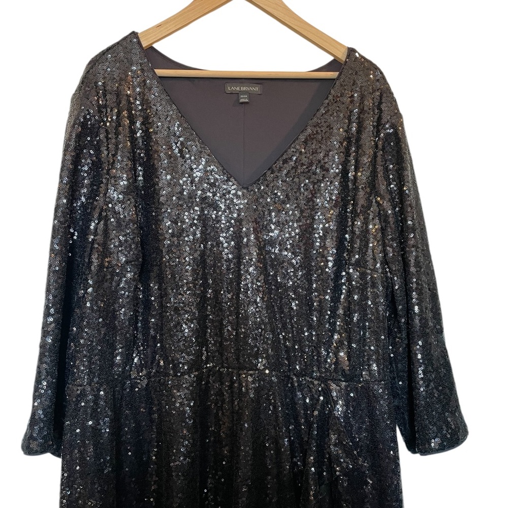 LANE BRYANT Sequined Black V-Neck Dress Ruffle Trim 3/4 Sleeve - Size 22/24 - Picture 2 of 15